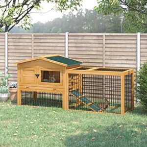 PawHut 2 Levels Outdoor Rabbit Hutch with Openable Top, 59" Wooden Large Rabbit Cage with Run Weatherproof Roof, Removable Tray, Ramp, Yellow