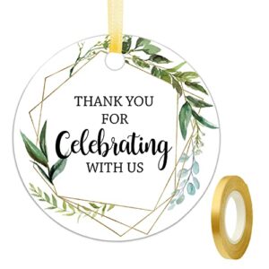 thank you for celebrating with us tags, thank you tags for wedding favors, bridal showers, birthdays, parties and baby showers, thank you gift tags with string, 2 inches, pack of 50.