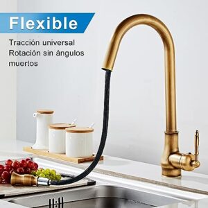 Vintage Brass Antique Bronze Kitchen Faucet,Single Hole Copper Widespread Mixer Taps with Pull Down Sprayer (Brass Nut)