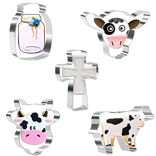 Crethinkaty Cow Cookie Cutter Set - 5 Pieces Stainless Steel Cookie Cutters Milk Bottle,Cow,Longhorn,Cow Head and Holy Cross for Biscuit, Fondant