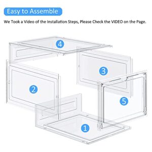 Yukui LLc Large Clear Shoe Boxes Stackable,6 Pack Hard Plastic Shoe Storage Boxes with Magnetic Door,Drop Front Shoe Organizer Containers,Shoe Case Sneakers Storage Fit US Size 12 Clear