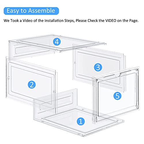 Yukui LLc Large Clear Shoe Boxes Stackable,6 Pack Hard Plastic Shoe Storage Boxes with Magnetic Door,Drop Front Shoe Organizer Containers,Shoe Case Sneakers Storage Fit US Size 12 Clear