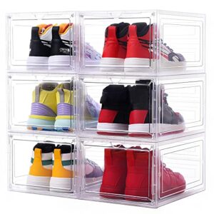 yukui llc large clear shoe boxes stackable,6 pack hard plastic shoe storage boxes with magnetic door,drop front shoe organizer containers,shoe case sneakers storage fit us size 12 clear
