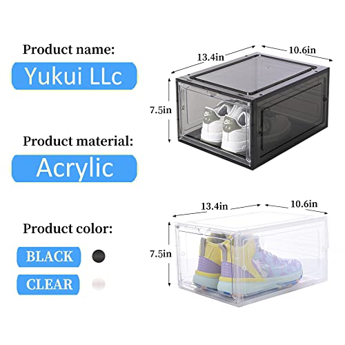 Yukui LLc Large Clear Shoe Boxes Stackable,6 Pack Hard Plastic Shoe Storage Boxes with Magnetic Door,Drop Front Shoe Organizer Containers,Shoe Case Sneakers Storage Fit US Size 12 Clear