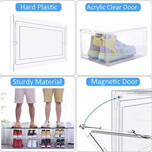 Yukui LLc Large Clear Shoe Boxes Stackable,6 Pack Hard Plastic Shoe Storage Boxes with Magnetic Door,Drop Front Shoe Organizer Containers,Shoe Case Sneakers Storage Fit US Size 12 Clear