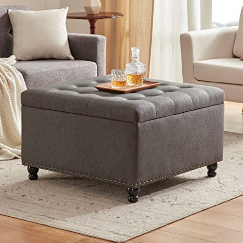 Tbfit Large Square Storage Ottoman Bench, Tufted Upholstered Coffee Table with Storage, Oversized Storage Ottomans Toy Box Footrest for Living Room, Dark Grey