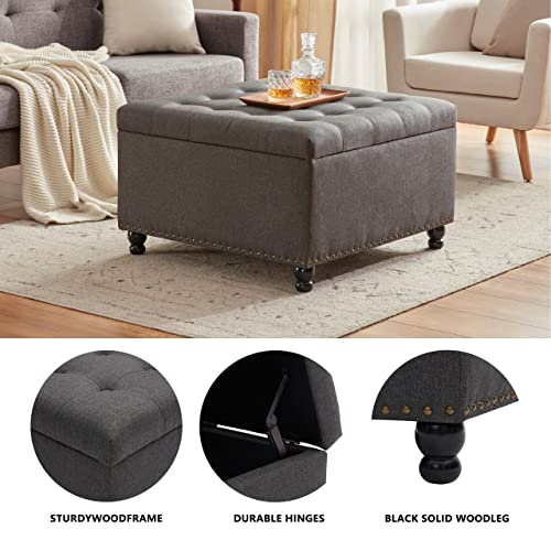 Tbfit Large Square Storage Ottoman Bench, Tufted Upholstered Coffee Table with Storage, Oversized Storage Ottomans Toy Box Footrest for Living Room, Dark Grey
