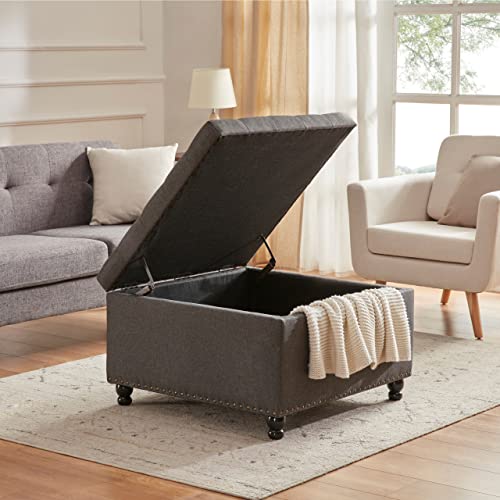 Tbfit Large Square Storage Ottoman Bench, Tufted Upholstered Coffee Table with Storage, Oversized Storage Ottomans Toy Box Footrest for Living Room, Dark Grey