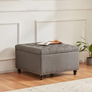 Tbfit Large Square Storage Ottoman Bench, Tufted Upholstered Coffee Table with Storage, Oversized Storage Ottomans Toy Box Footrest for Living Room, Dark Grey