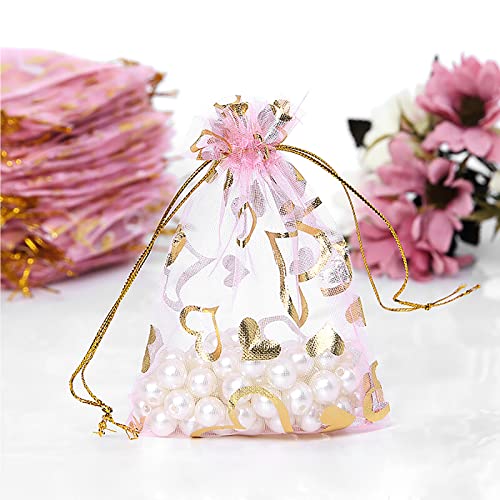 Hikkcos 100PCS Valentine's Day Organza Bags Love Heart Gift Bag Jewelry Packaging Pouch Drawstring Bag Wedding Favors Bag for Valentine's Day Wedding Party