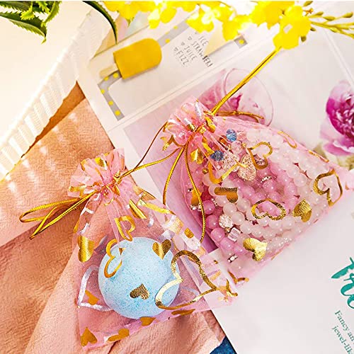 Hikkcos 100PCS Valentine's Day Organza Bags Love Heart Gift Bag Jewelry Packaging Pouch Drawstring Bag Wedding Favors Bag for Valentine's Day Wedding Party