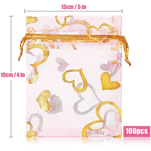 Hikkcos 100PCS Valentine's Day Organza Bags Love Heart Gift Bag Jewelry Packaging Pouch Drawstring Bag Wedding Favors Bag for Valentine's Day Wedding Party