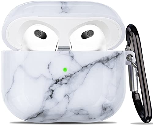 Marble Airpods 3 Case 2021 - YOMPLOW Protective Hard Case Cover Skin Portable Shockproof Women Girls with Keychain for Apple Airpod 3rd Generation Charging Case - White Marble