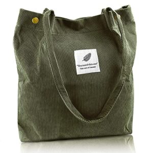 corduroy cute tote bag for women shoulder bag with inner pocket for work travel and shopping grocery (army green)