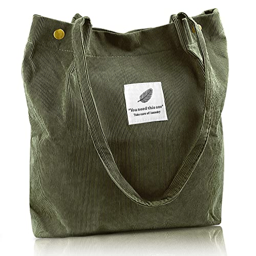 Corduroy Cute tote bag for Women shoulder bag with Inner Pocket for Work Travel and Shopping Grocery (Army Green)