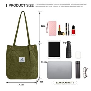Corduroy Cute tote bag for Women shoulder bag with Inner Pocket for Work Travel and Shopping Grocery (Army Green)