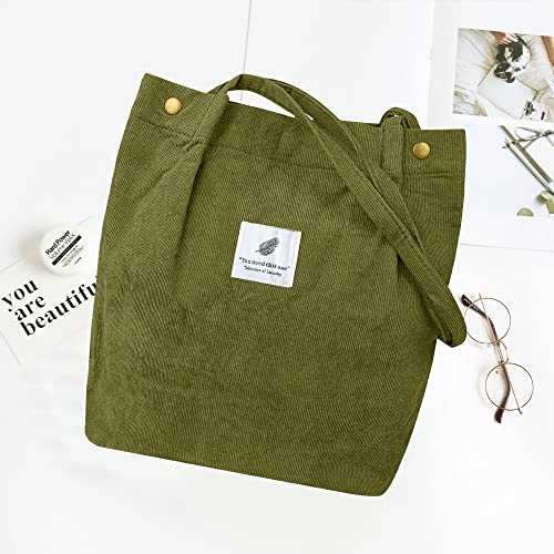 Corduroy Cute tote bag for Women shoulder bag with Inner Pocket for Work Travel and Shopping Grocery (Army Green)