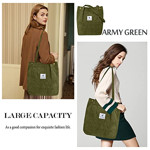 Corduroy Cute tote bag for Women shoulder bag with Inner Pocket for Work Travel and Shopping Grocery (Army Green)