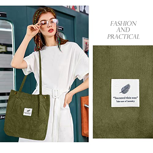 Corduroy Cute tote bag for Women shoulder bag with Inner Pocket for Work Travel and Shopping Grocery (Army Green)