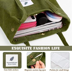 Corduroy Cute tote bag for Women shoulder bag with Inner Pocket for Work Travel and Shopping Grocery (Army Green)