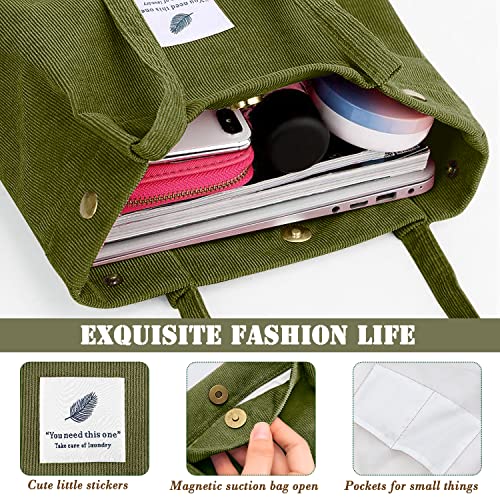 Corduroy Cute tote bag for Women shoulder bag with Inner Pocket for Work Travel and Shopping Grocery (Army Green)