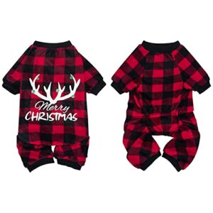 asenku thermal fleece dog christmas pajamas, red black plaid doggie onesies puppy xmas jumpsuits for small breeds dogs (red, m