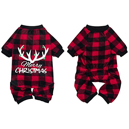 ASENKU Thermal Fleece Dog Christmas Pajamas, Red Black Plaid Doggie Onesies Puppy Xmas Jumpsuits for Small Breeds Dogs (Red, M