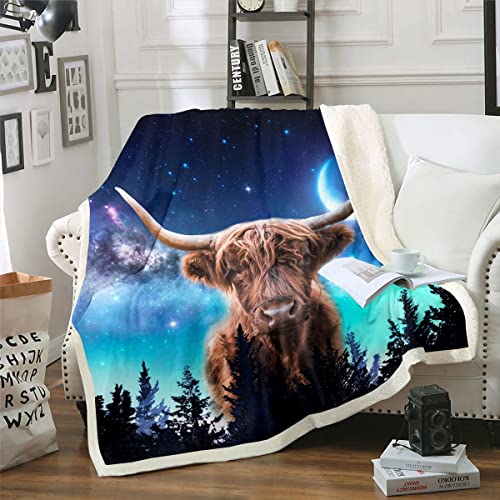 Highland Cow Fleece Blanket 50"x60",Glitter Stars Moon Pineforest Bed Blanket Brown Longhorn Bull Cattle Throw Blanket Western Animals Blanket Natural Scenery Art Soft Warm Cozy Sofa Decor