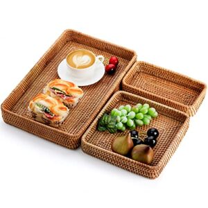 hacaroa 3 pack rectangular rattan serving tray, hand woven wicker basket decorative nesting tray, natural weaving storage basket tray organizing platter for bread, fruit, drinks, snack, 3 sizes