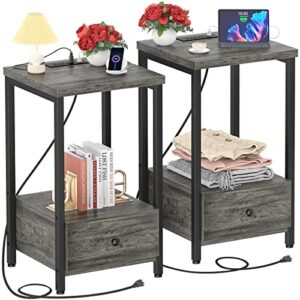 ecoprsio nightstands set of 2 with charging station, modern night stand bedside table with storage drawer and shelf, end side table with usb ports & power outlets for bedroom living room, grey oak