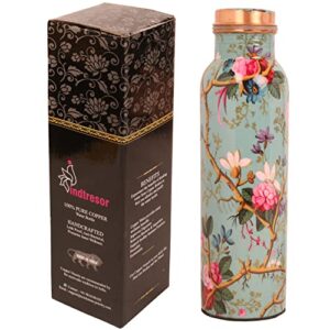 indtresor pure copper water bottle - handcrafted - ayurveda health benefits - large 35 oz - leak proof - easy to carry for sports, fitness, yoga, school - sky blue base floral vines colorful enamel