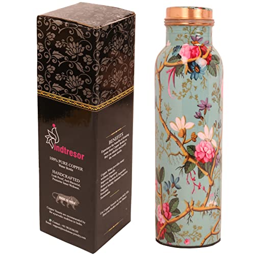 INDTRESOR Pure Copper Water Bottle - Handcrafted - Ayurveda health benefits - Large 35 oz - Leak proof - Easy to carry for Sports, Fitness, Yoga, School - Sky Blue Base Floral Vines Colorful Enamel