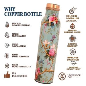 INDTRESOR Pure Copper Water Bottle - Handcrafted - Ayurveda health benefits - Large 35 oz - Leak proof - Easy to carry for Sports, Fitness, Yoga, School - Sky Blue Base Floral Vines Colorful Enamel