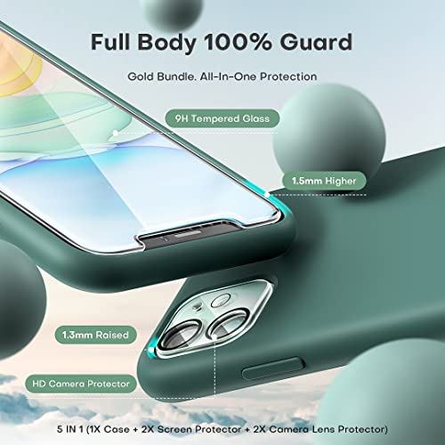 TOCOL 5 in 1 for iPhone 11 Case, with 2 Screen Protectors + 2 Camera Protectors, Liquid Silicone [Anti-Scratch] [Drop Protection] for iPhone 11 Phone Case, Midnight Green
