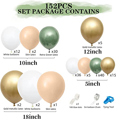 JIZU Sage Green Balloon Arch Kit 152 Pcs Gold and Green Balloon Garland Kit for Birthday Wedding Baby Shower Boy Girl Engagement Party Decorations Backdrop Olive Green Ballon Arch Kit