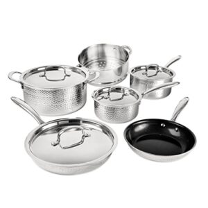 granitestone hammered stainless steel pots and pans set, tri ply ultra-premium ceramic cookware set with nonstick coating, kitchen set nonstick frying pans, stock pots & skillets, hammered finish