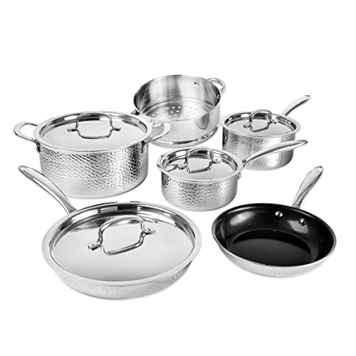 Granitestone Hammered Stainless Steel Pots and Pans Set, Tri Ply Ultra-Premium Ceramic Cookware Set with Nonstick Coating, Kitchen Set Nonstick Frying Pans, Stock Pots & Skillets, Hammered Finish