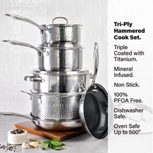 Granitestone Hammered Stainless Steel Pots and Pans Set, Tri Ply Ultra-Premium Ceramic Cookware Set with Nonstick Coating, Kitchen Set Nonstick Frying Pans, Stock Pots & Skillets, Hammered Finish