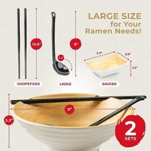 Cuffie Chef Bowl Set, 2 Ramen Bowl With Chopsticks, Soup Spoons & Saucers, Japanese-Style Ramen Noodle Bowl, Sleek Ramen Bowls, Bowl for Udon, Pho, Soups & More - 37 Ounces