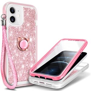 ngb supremacy compatible iphone 12 mini case, full body with [built-in screen protector] ring holder/wrist strap, heavy duty protection slim fit shockproof cover (glitter rose gold)