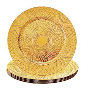 frcctre 12 pack round charger plates, 13 inch decorative gold plastic charger dinner plates, reusable elegant diamond pattern serving plates for wedding, dinner party, event table decoration