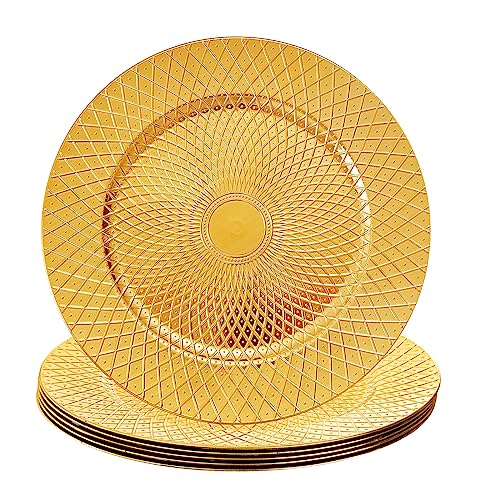 Frcctre 12 Pack Round Charger Plates, 13 Inch Decorative Gold Plastic Charger Dinner Plates, Reusable Elegant Diamond Pattern Serving Plates for Wedding, Dinner Party, Event Table Decoration