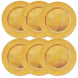 Frcctre 12 Pack Round Charger Plates, 13 Inch Decorative Gold Plastic Charger Dinner Plates, Reusable Elegant Diamond Pattern Serving Plates for Wedding, Dinner Party, Event Table Decoration