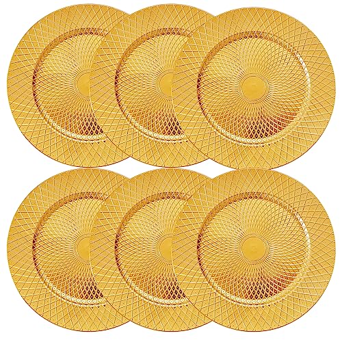 Frcctre 12 Pack Round Charger Plates, 13 Inch Decorative Gold Plastic Charger Dinner Plates, Reusable Elegant Diamond Pattern Serving Plates for Wedding, Dinner Party, Event Table Decoration