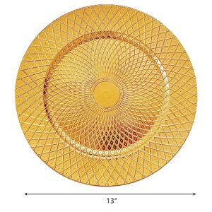 Frcctre 12 Pack Round Charger Plates, 13 Inch Decorative Gold Plastic Charger Dinner Plates, Reusable Elegant Diamond Pattern Serving Plates for Wedding, Dinner Party, Event Table Decoration