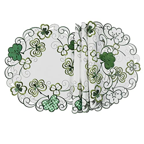 OWENIE St Patrick's Day Round Shamrock Placemats Set of 4, Embroidered Irish Clover Cutwork 15 Inch Placemats,Green Table Mats with Lucky Shamrocks, Round Doilies for Kitchen Dining Table