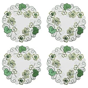 owenie st patrick's day round shamrock placemats set of 4, embroidered irish clover cutwork 15 inch placemats,green table mats with lucky shamrocks, round doilies for kitchen dining table