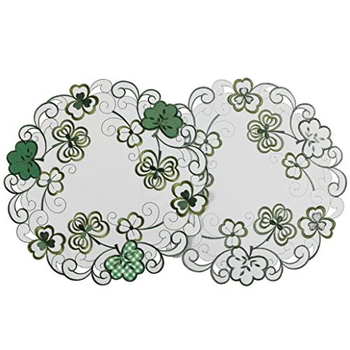 OWENIE St Patrick's Day Round Shamrock Placemats Set of 4, Embroidered Irish Clover Cutwork 15 Inch Placemats,Green Table Mats with Lucky Shamrocks, Round Doilies for Kitchen Dining Table