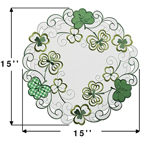 OWENIE St Patrick's Day Round Shamrock Placemats Set of 4, Embroidered Irish Clover Cutwork 15 Inch Placemats,Green Table Mats with Lucky Shamrocks, Round Doilies for Kitchen Dining Table