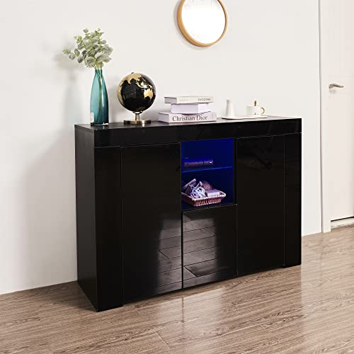 NORAN Kitchen Sideboard Cupboard with LED Light, White High Gloss Dining Room Buffet Storage Cabinet Hallway Living Room TV Stand Unit Display Cabinet with Drawer and 2 Doors (Black)